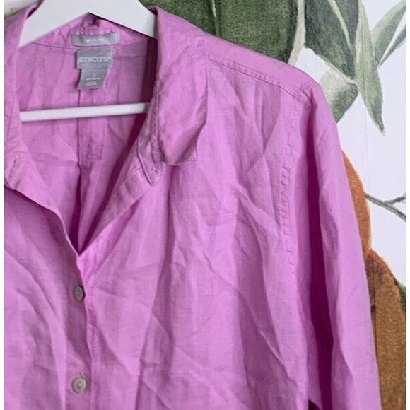 Chicos Size 3 US 16 Pink Linen Button Front 3/4 Sleeves Shirt - Picture 3 of 5